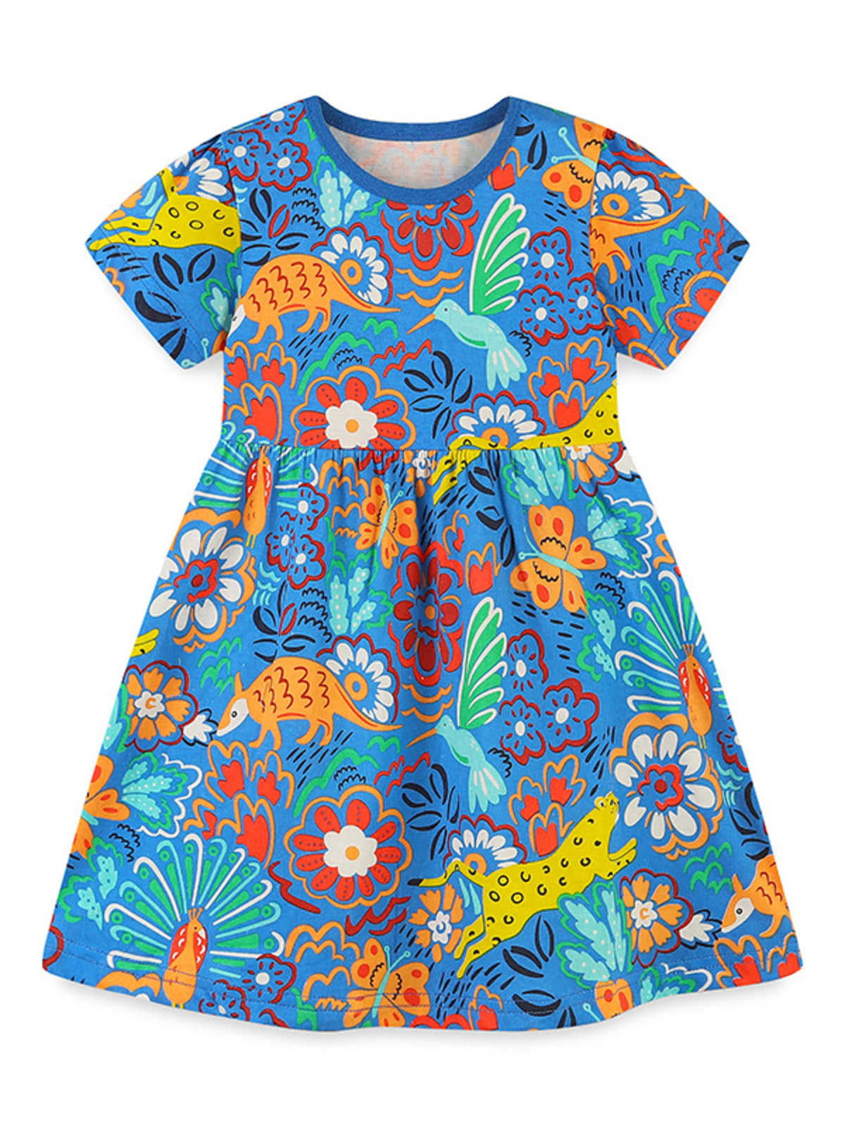 Toddler blue cotton dress with whimsical animal and floral print, short sleeves, round neck.
