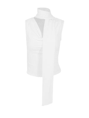 White draped cowl neck cami top with tie detail