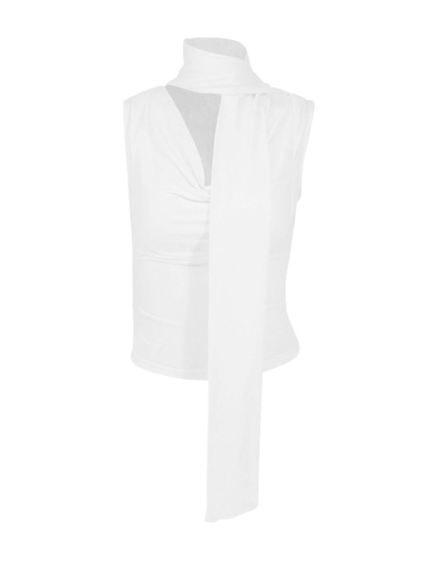 White draped cowl neck cami top with tie detail
