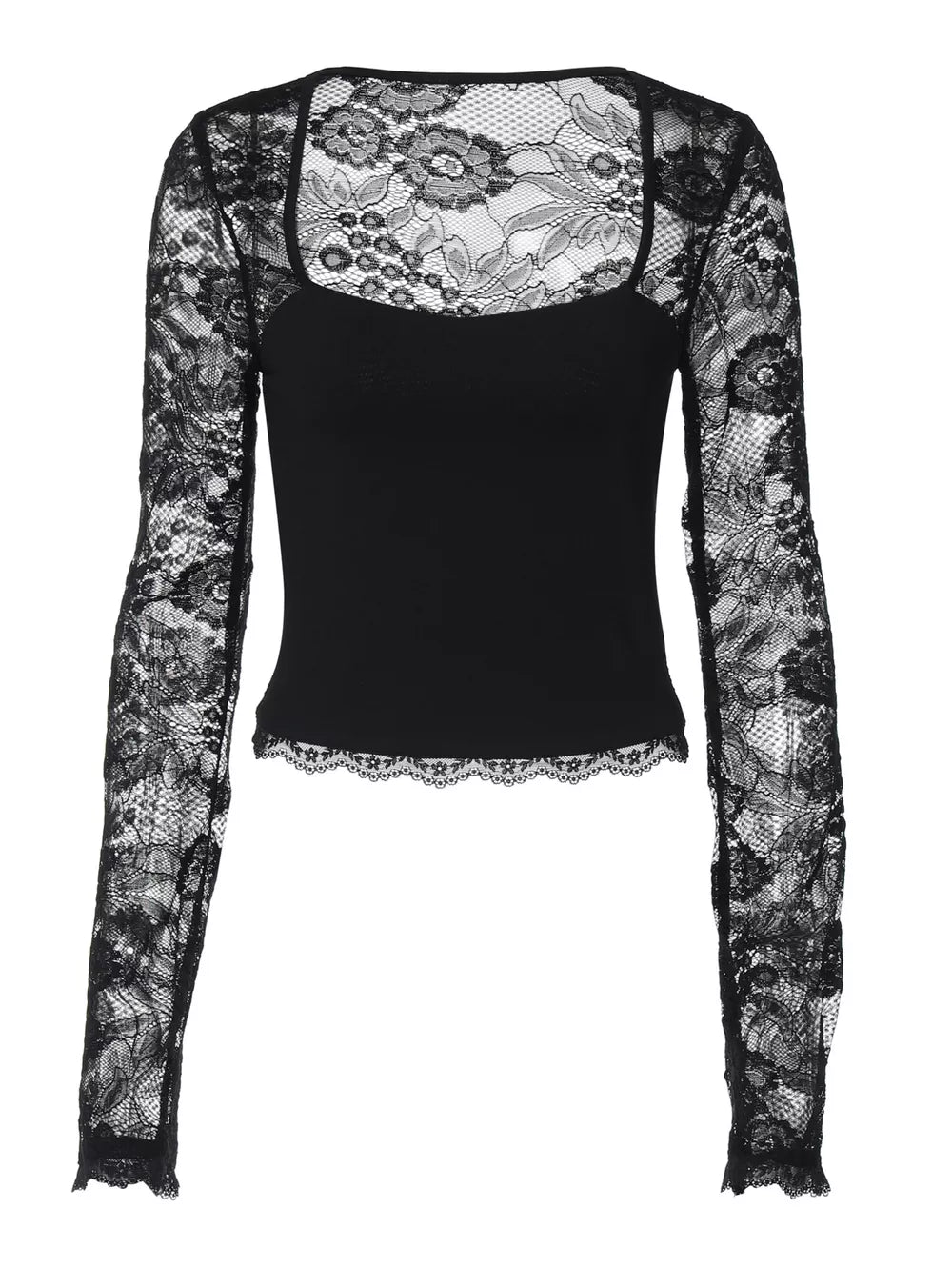 Black lace-embellished square neck t-shirt with long sleeves and scalloped hem.
