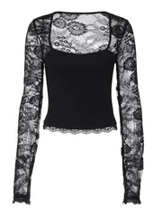 Black lace-embellished square neck t-shirt with long sleeves and scalloped hem.