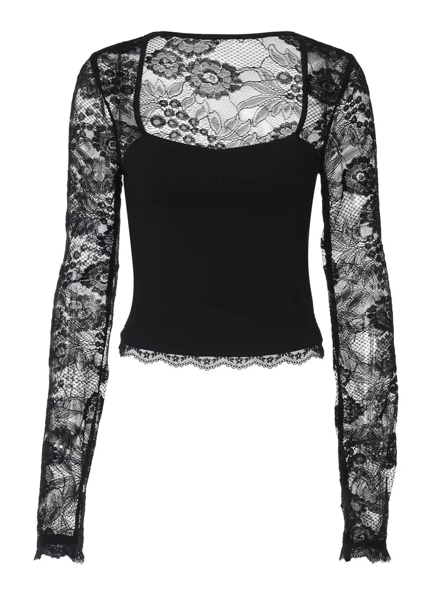 Black lace-embellished square neck t-shirt with long sleeves and scalloped hem.