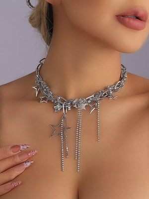 Silver with Chunky Chain Star Tassel Necklace Alloy Silver