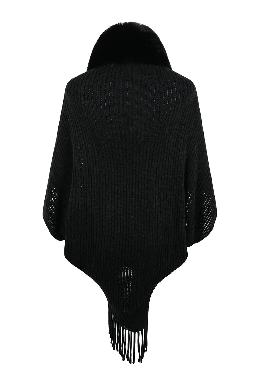 Black knit cape with faux fur collar and fringe hem