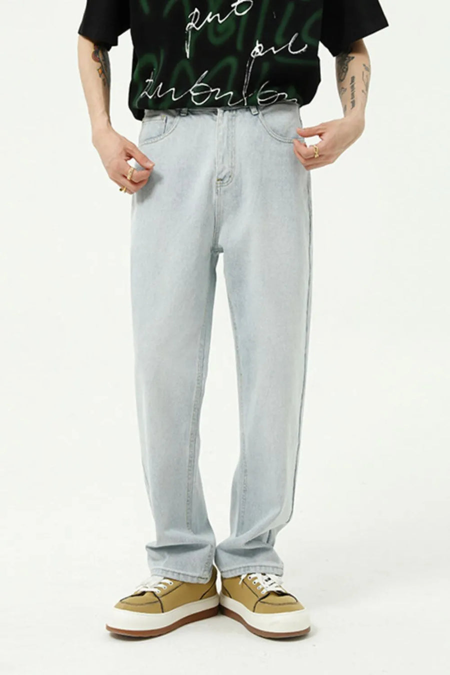 Relaxed fit light wash denim jeans with a casual cut.