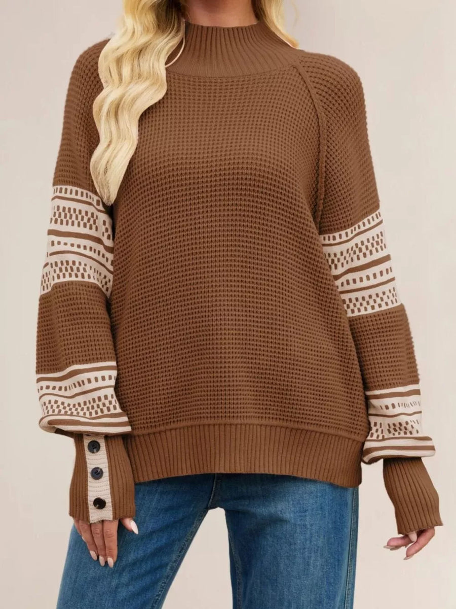 Apricot mock neck sweater with hip-length and pullover