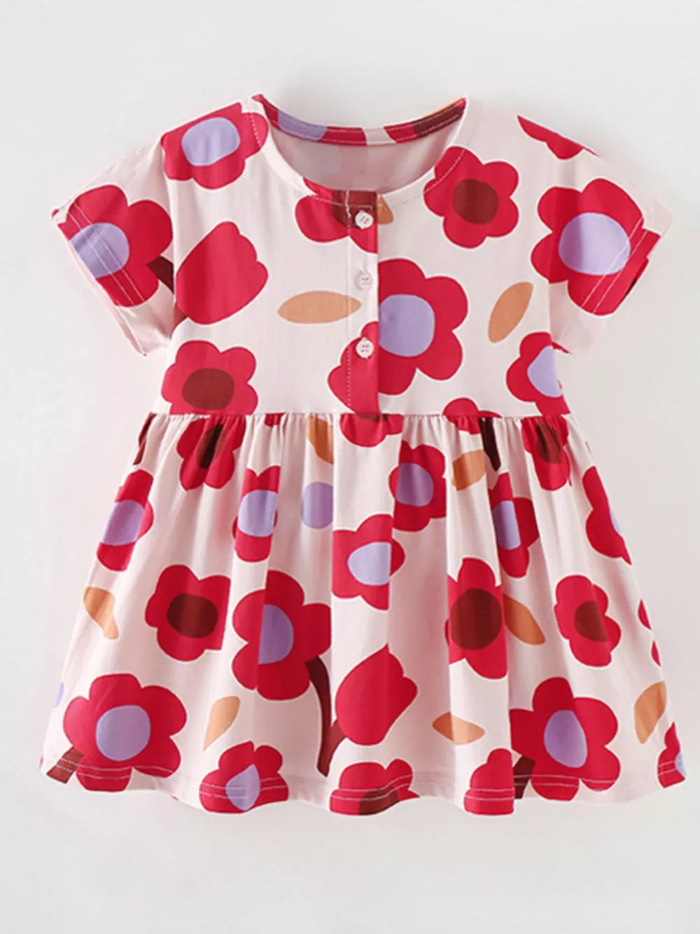 Toddler A-line cotton dress with playful red floral print and button-down front.