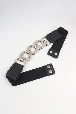 Black elastic belt with silver chunky chain and faux leather accents