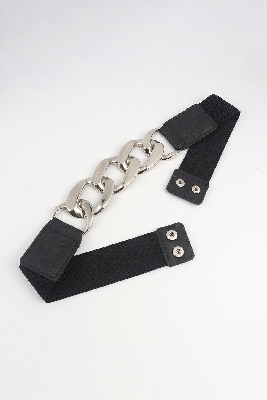 Black elastic belt with silver chunky chain and faux leather accents