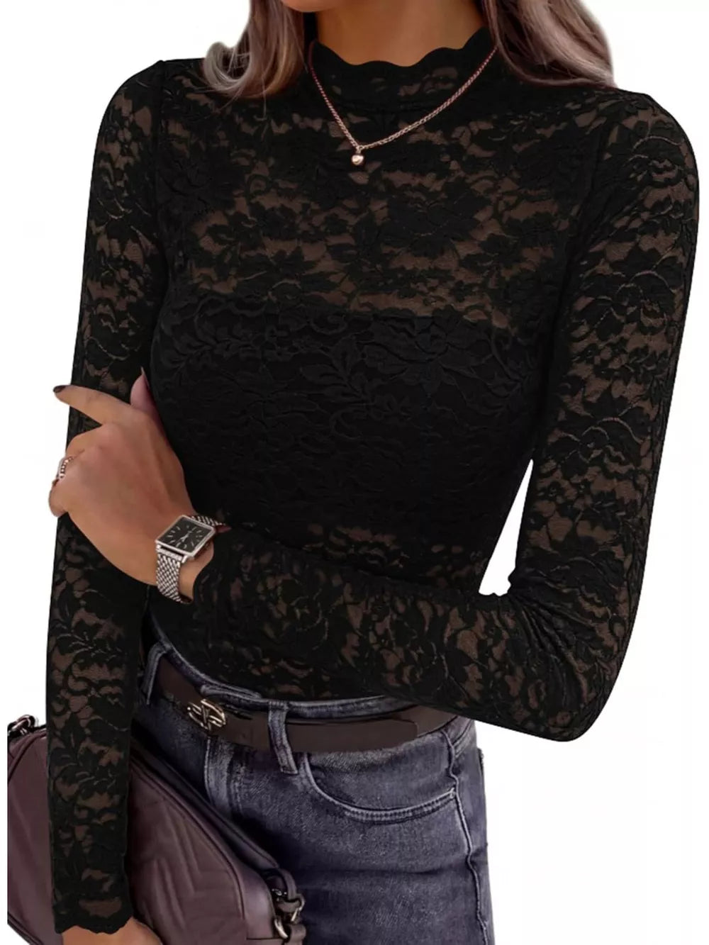 romantic blouse in black with mock neck