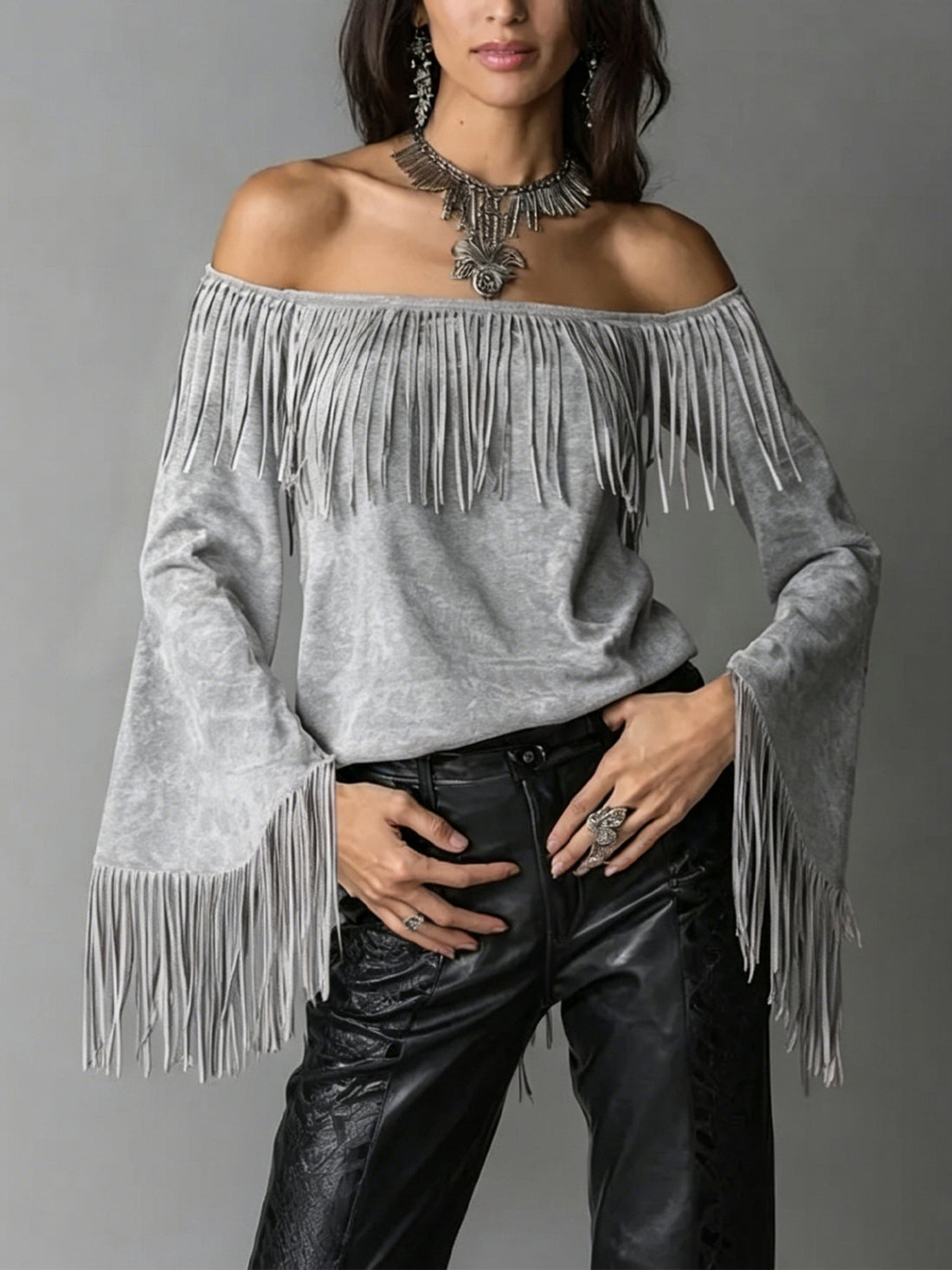 Brown relaxed off-shoulder top with off-shoulder