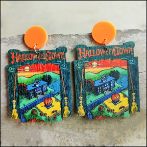 Spooky Teacher Statement Earrings with Halloween Town scene and orange acrylic tops.