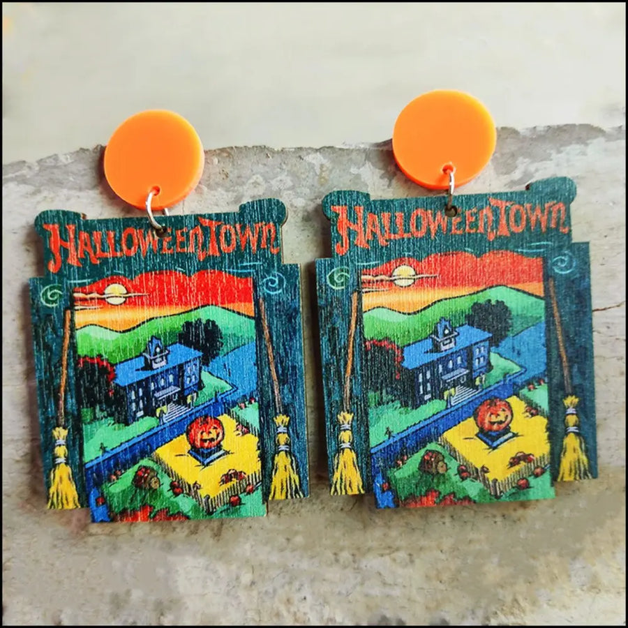Spooky Teacher Statement Earrings with Halloween Town scene and orange acrylic tops.