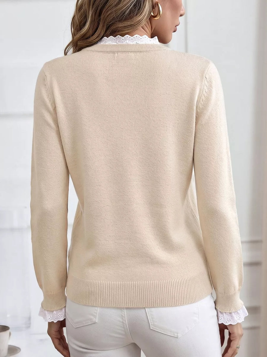 Elegant Lace Trim Round Neck Sweater option 6