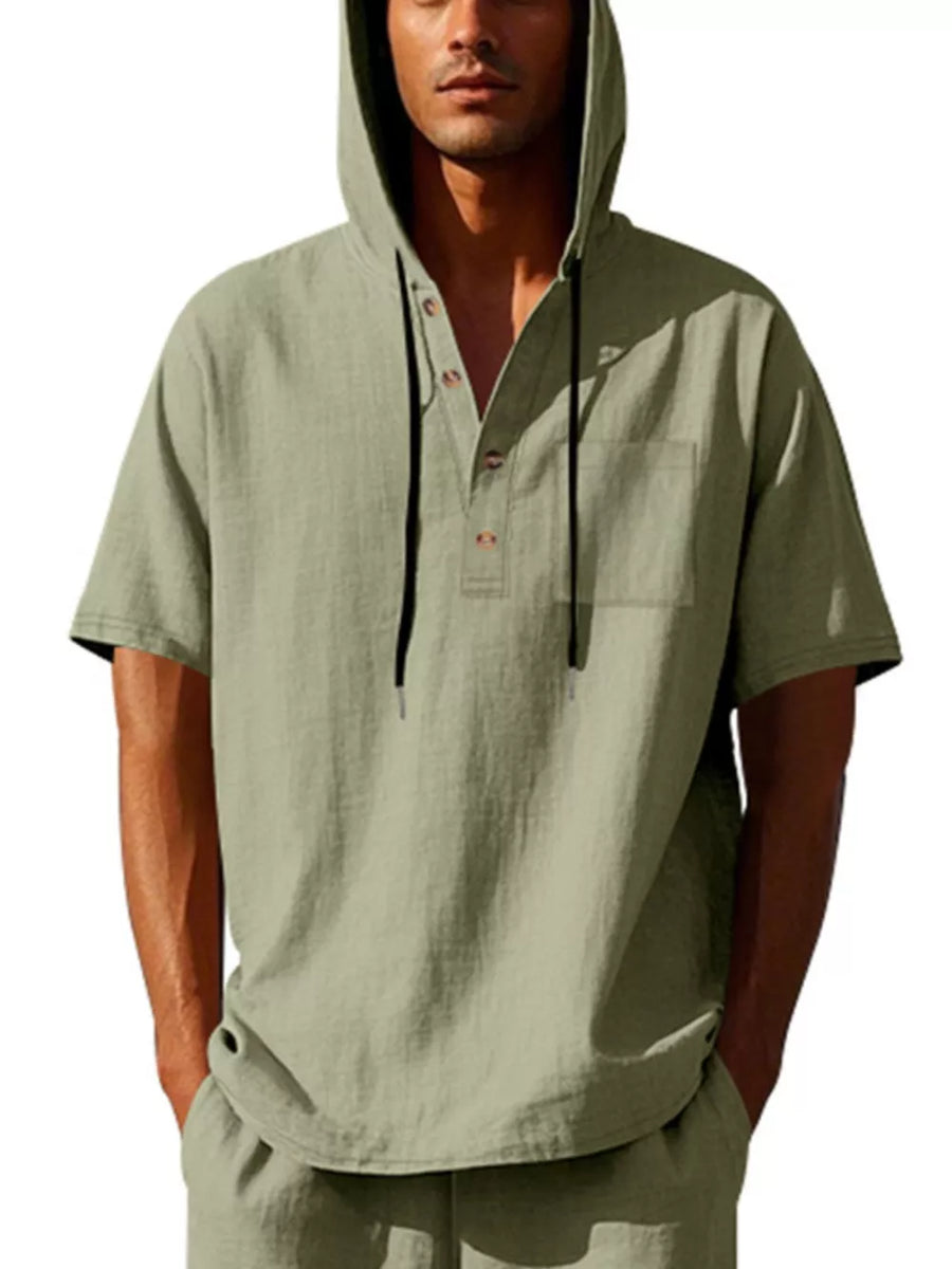 Men's sage green linen short sleeve hooded shirt with button placket and chest pocket
