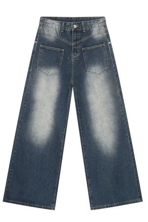 Faded wash palazzo jeans in medium denim with a wide leg and distressed details.