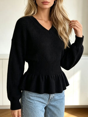 V-Neck Peplum Hem Ribbed Knit Top in Red with peplum