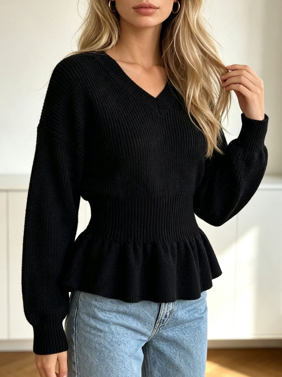 V-Neck Peplum Hem Ribbed Knit Top in Red with peplum