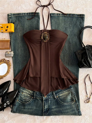 Apricot with Embellished Front Halter Neck Cami