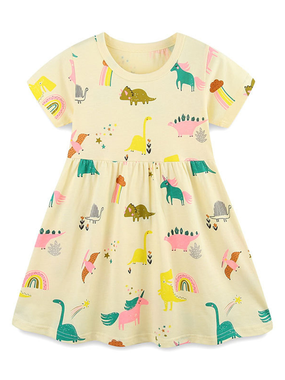 Yellow cotton toddler dress with short sleeves and a fun dinosaur and unicorn print.