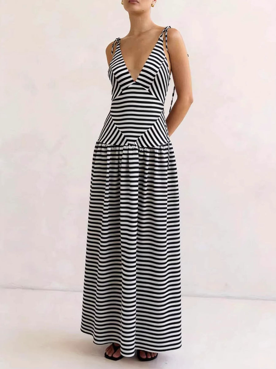 Chevron striped V-neck maxi dress with tie straps and tiered skirt in black and white