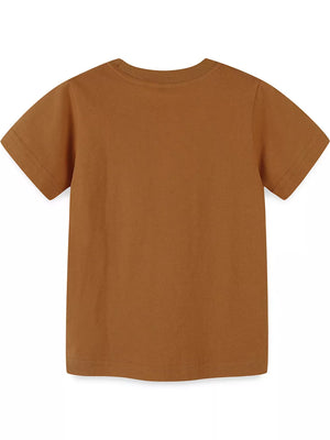 Brown cotton blend crew neck toddler t-shirt with short sleeves.