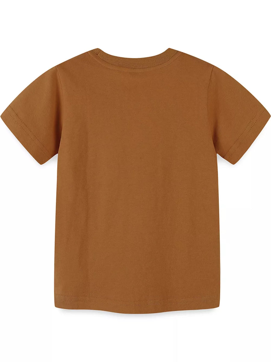 Brown cotton blend crew neck toddler t-shirt with short sleeves.