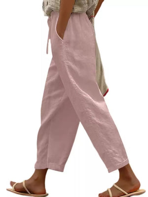 Dusty pink relaxed fit maternity pants with drawstring and pockets