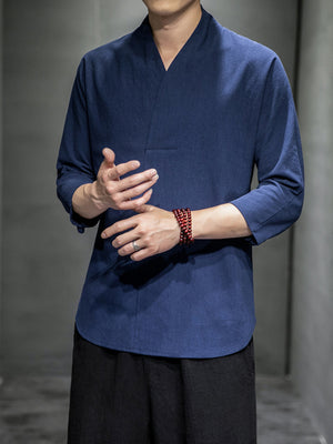 Men's blue relaxed fit V-neck 3/4 sleeve cotton blend undershirt