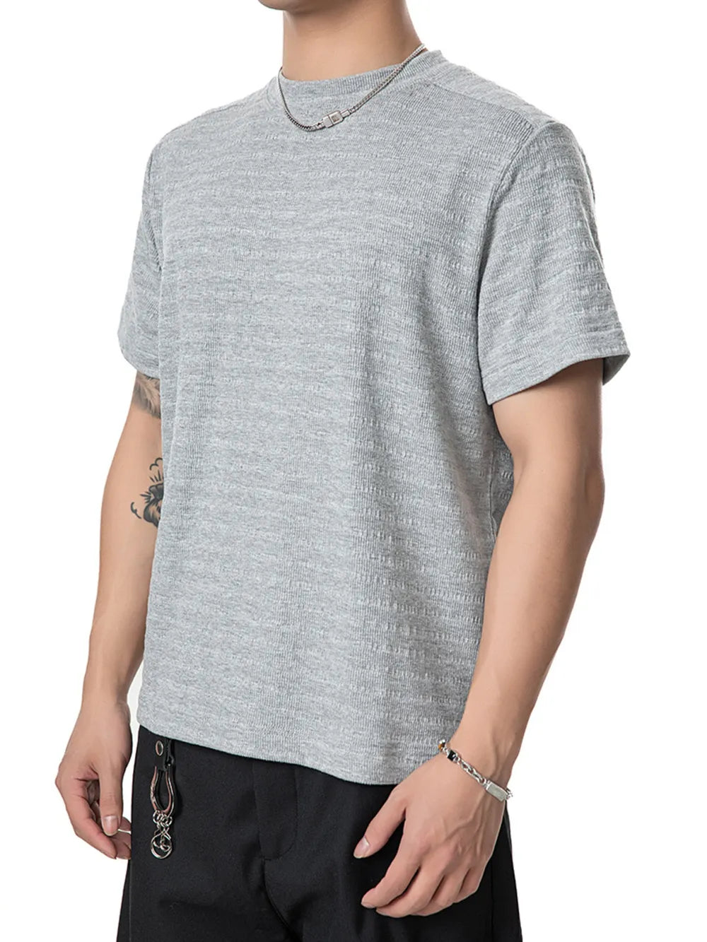 Men's gray textured knit crew neck t-shirt with short sleeves