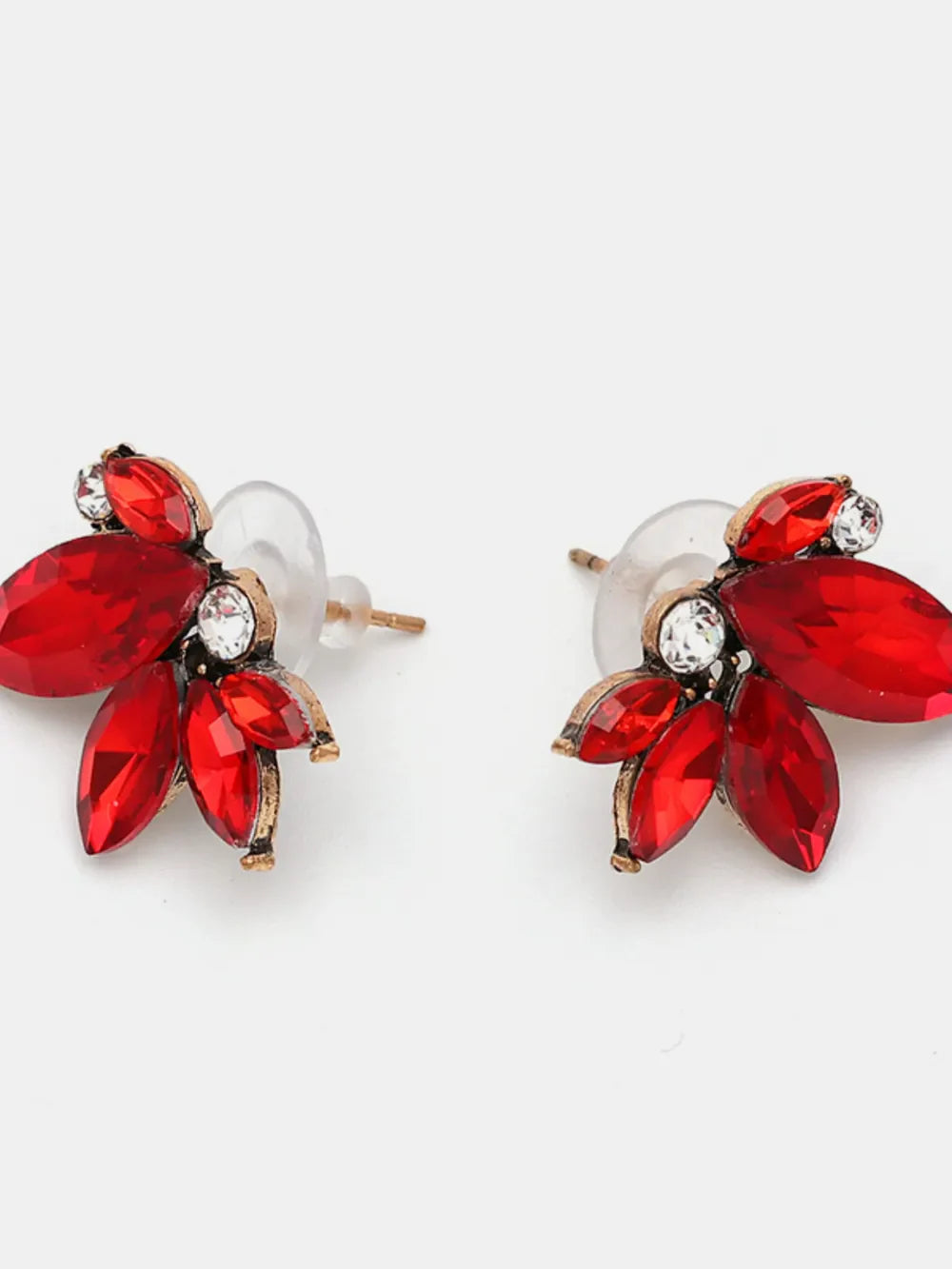 Gemstone petal cluster stud earrings in deep red with antique gold alloy setting.