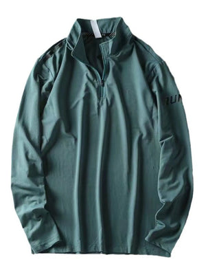 Light green quarter-zip long-sleeve sweatshirt with "RUN" graphic on sleeve