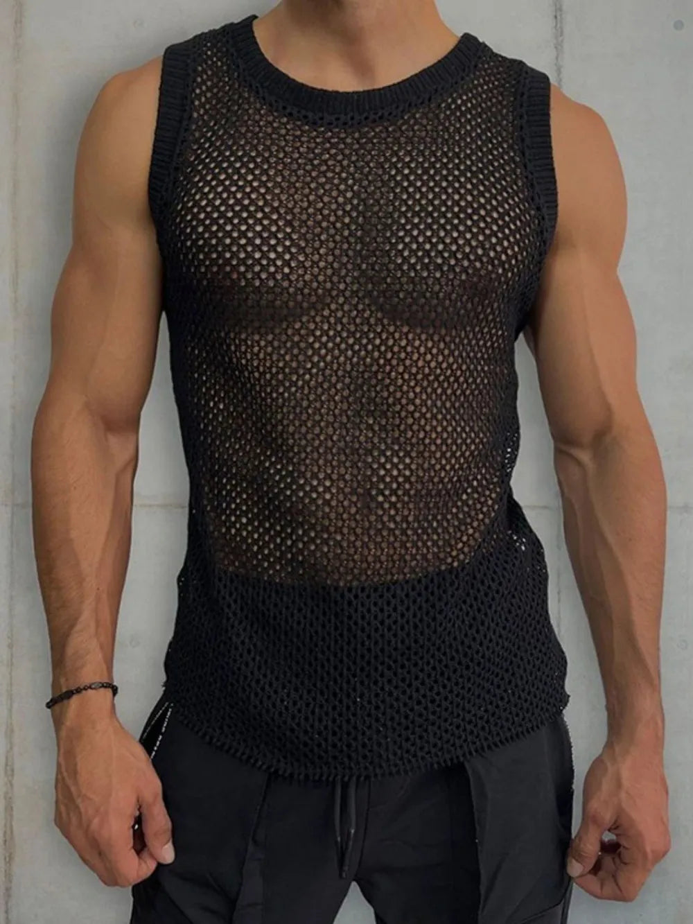 Black open-knit tank top with ribbed trim and crew neck.