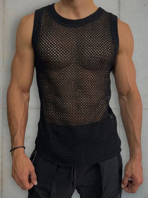 Black open-knit tank top with ribbed trim and crew neck.