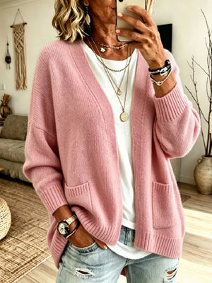 Army Green Open Front Knit Cardigan With Pockets