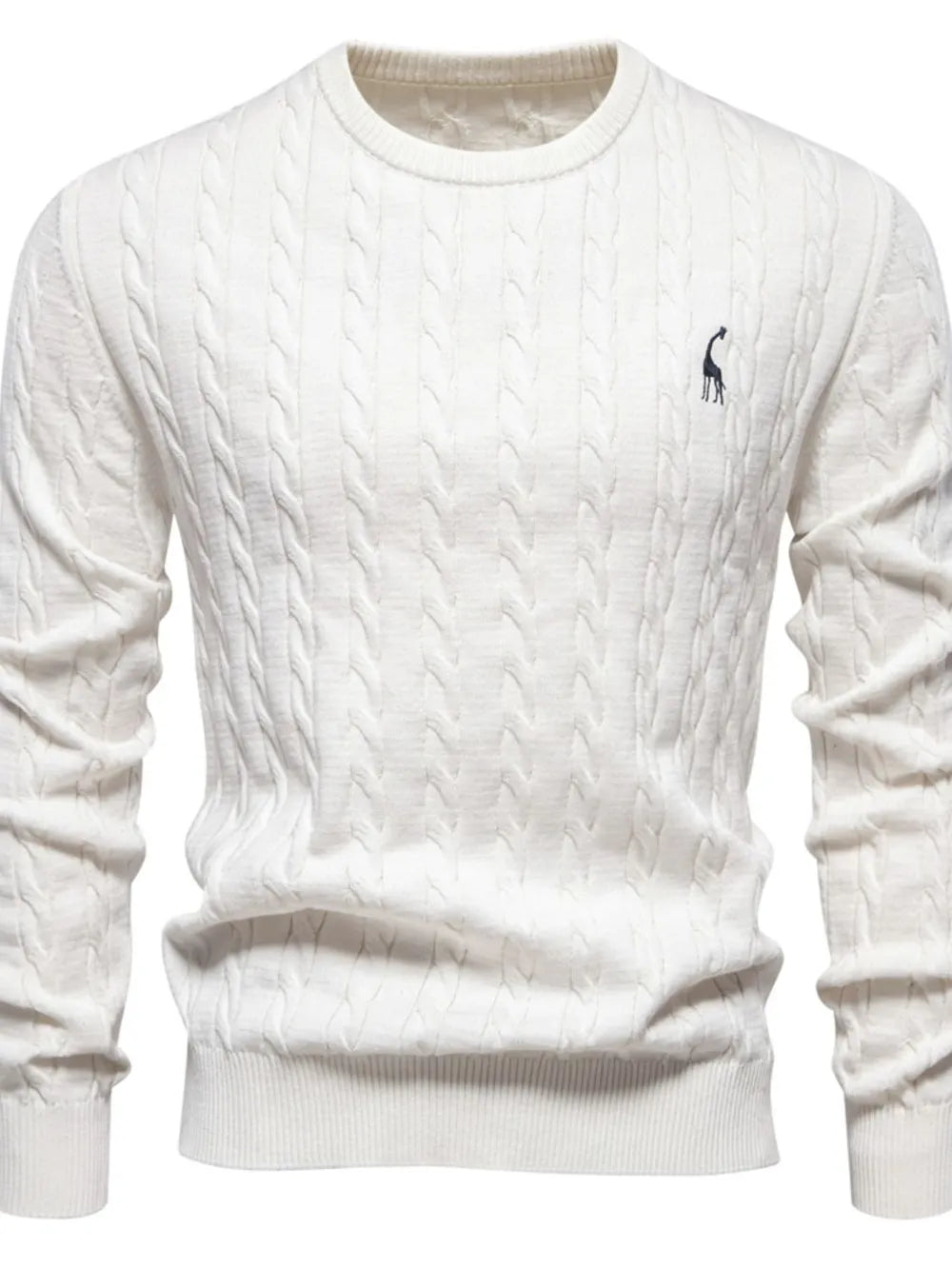 Ivory cable knit crewneck sweater with embroidered giraffe detail