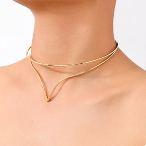 Golden V-shaped double layer choker necklace with delicate thin chains