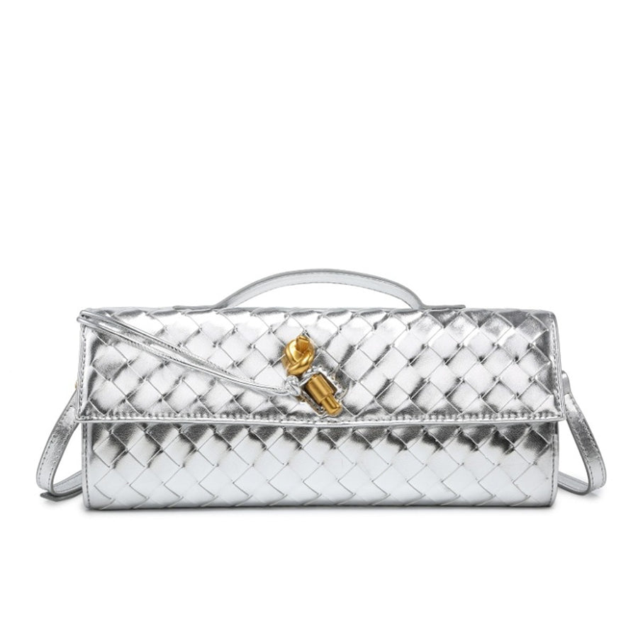 Woven Leather Wristlet Bag in Gold with woven texture