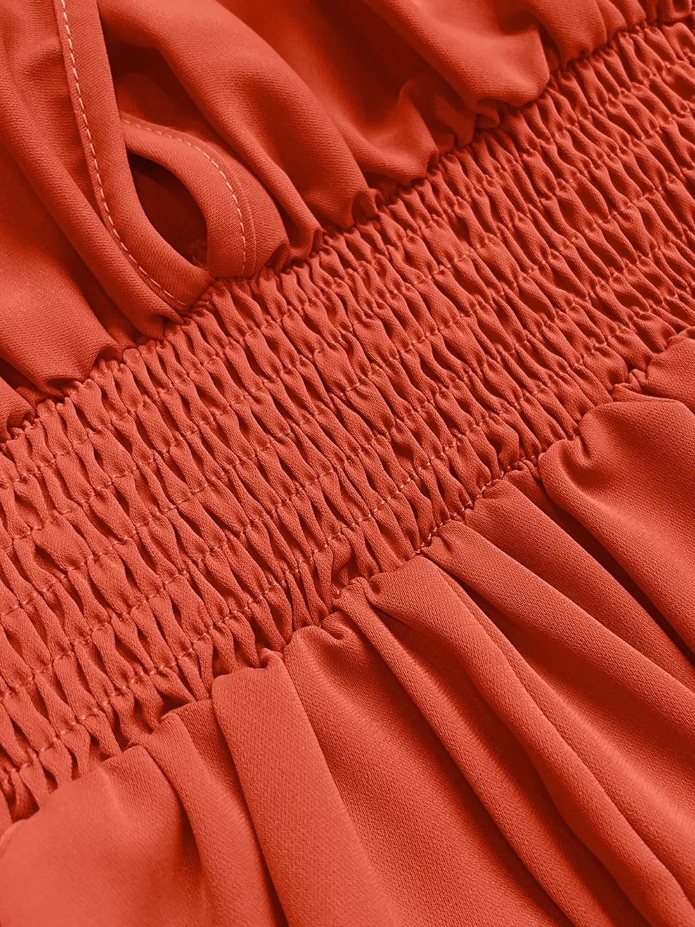 Orange-Red with Smocked Ruched Sleeve Maxi Dress
