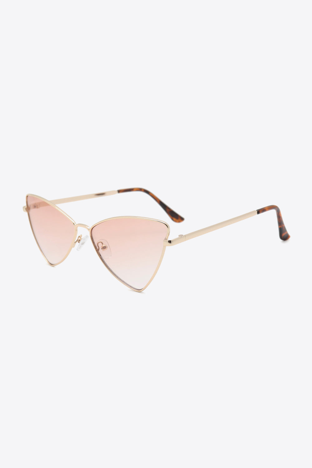 Angular gradient lens sunglasses with gold metal frames and tortoise print temples.