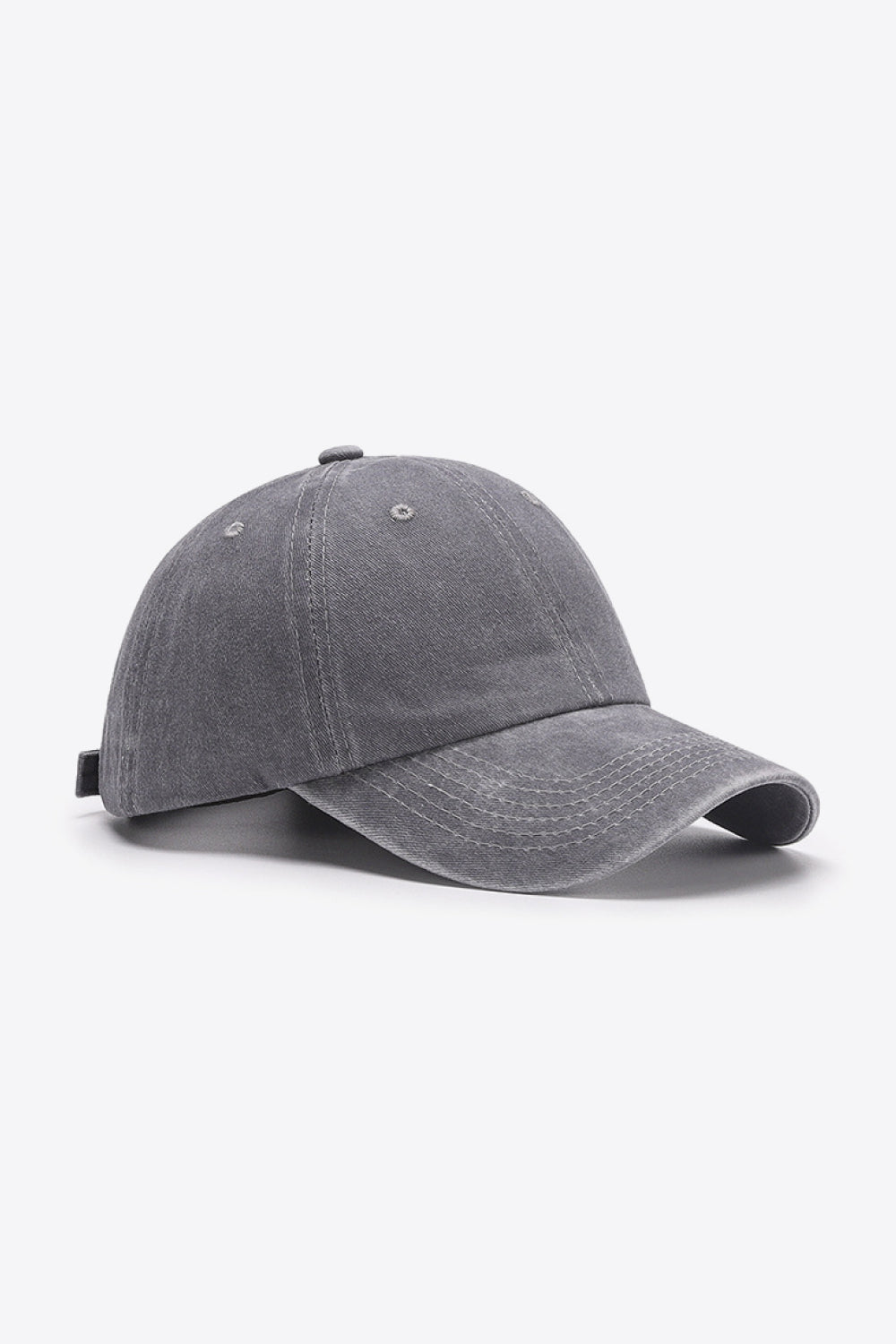 Washed cotton baseball cap in gray with adjustable strap and stitched details.