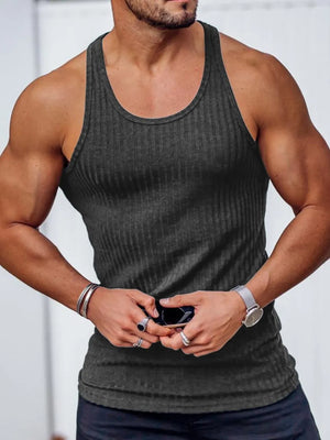 Dark gray ribbed tank top with a sculpted fit and scoop neck.