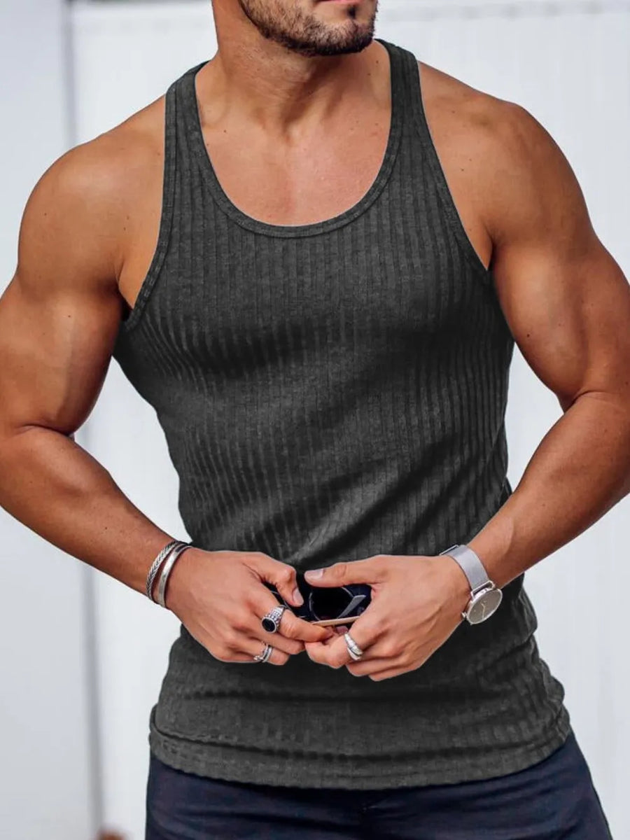 Dark gray ribbed tank top with a sculpted fit and scoop neck.