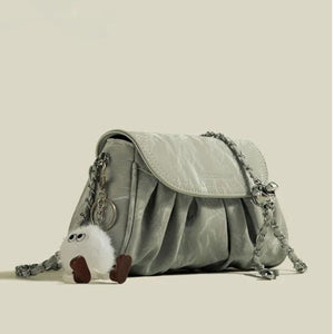 Mini ruched pu leather shoulder bag in moss with chain strap and fuzzy charm
