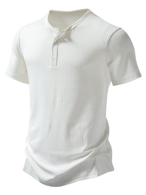 Men's white ribbed short sleeve henley t-shirt with button placket.