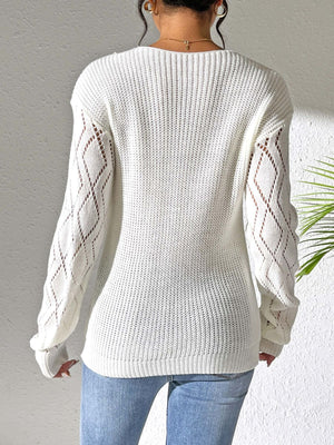 cream pullover sweater with openwork and long sleeve