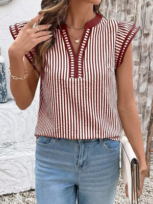 Burgundy and white striped blouse with ruffle sleeves and a v-neckline
