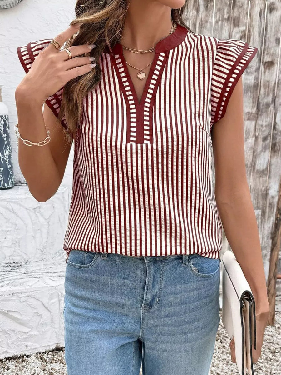 Burgundy and white striped blouse with ruffle sleeves and a v-neckline