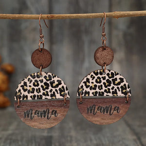 Leopard print mama drop earrings with wood accents in mocha and khaki.