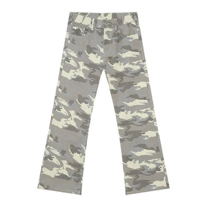 Gray camo flare jeans with utility pockets and a straight leg cut.